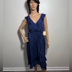 Jonathan Martin Vintage Women’s Blue Ruffle Dress‎ Tie Waist Side Zip Sz L NWT